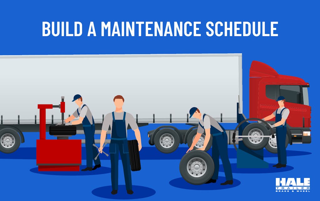 Vector illustration of mechanics making repairs to a semi truck and trailer