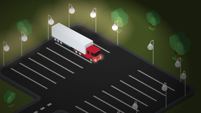 Depiction of a big rig parked in a well-lit area