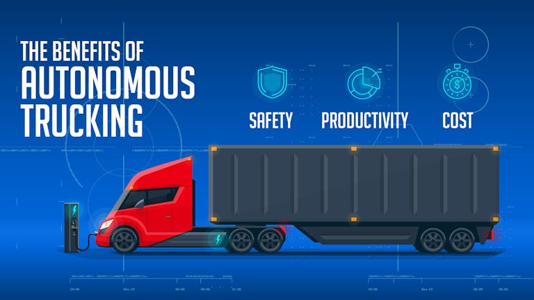 Graphic of an autonomous truck, depicting the benefits of self driving trucks. 