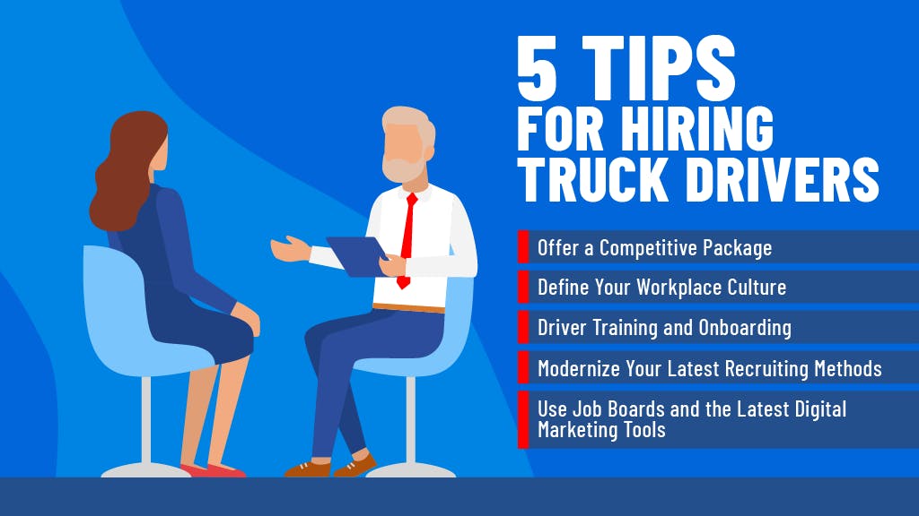Two people in an interview, supporting a list of tips for hiring truck drivers. 