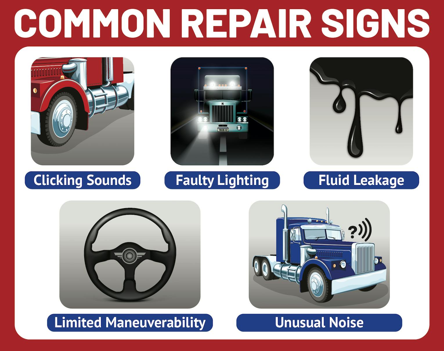 A graphic showing some of the most common repair signs for long haul trucks. 